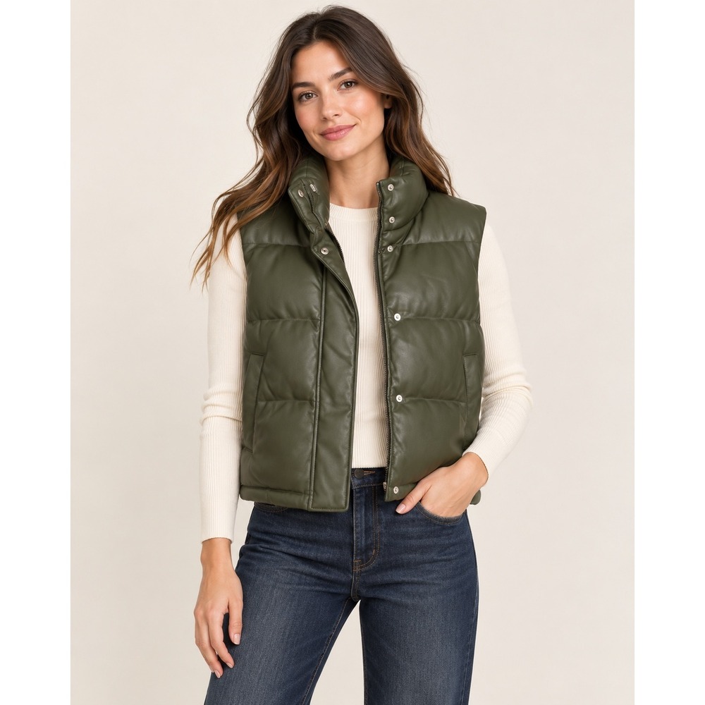 Express Womens Olive Green Faux Leather Puffer Vest Snap Front XS New